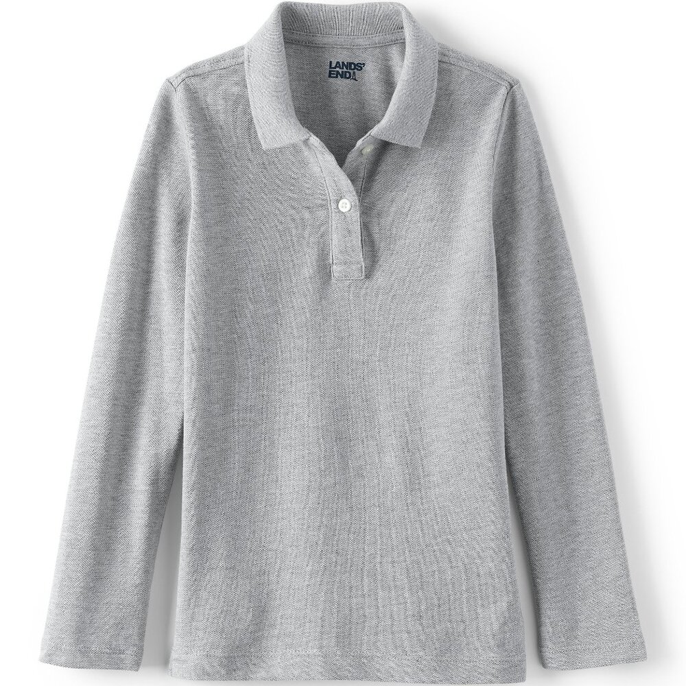 NWT Lands' End Girls Long Sleeve Polo Shirt 100% Cotton Light Gray size XS 4 5